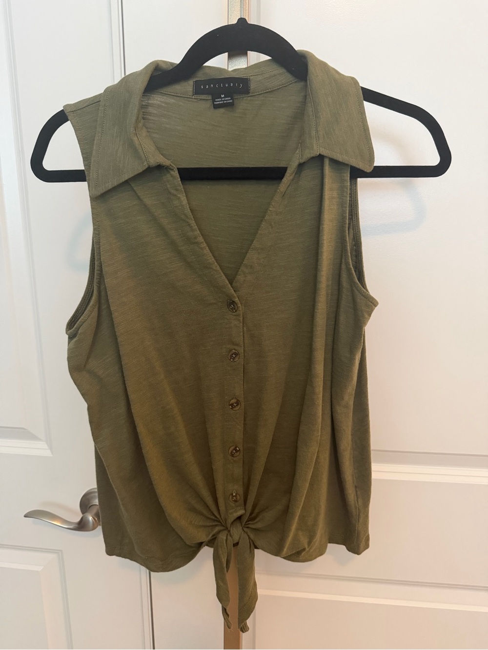 Sanctuary Olive Button-Front Tie Sleeveless Top